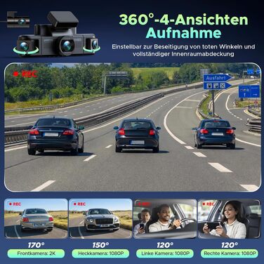 Автомобільний відеореєстратор LAMTTO 4K 360°: 4 канали (перед, зад, салон, боки), 2K передня камера, 1080P, 5GHz WiFi, нічна ІЧ-зір, датчик удару G-сенсор, паркувальний моніторинг, з карткою 64GB та Hardwire-kit