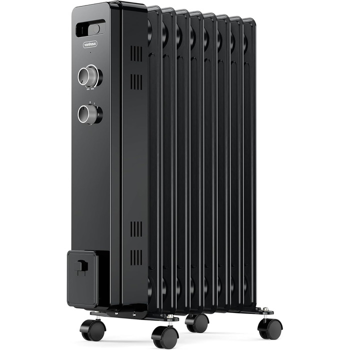 Масляний радіатор VonHaus 2000W з 9 ребрами, електричний, портативний, з термостатом, 3 режими нагріву, 4 колеса, 1.5м кабель (білий/чорний)