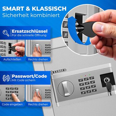 Електронний сейф KESSER® 35x25x25 см, з батарейним відсіком, подвійним замком, для підлоги/стіни, сталевий, з кодовим замком (Срібний, M)