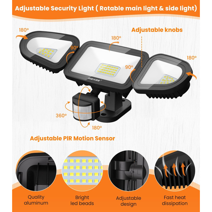 MEIKEE 42W LED Flood Light with Motion Sensor Outdoor 3600LM Outdoor Floodlight IP66 Waterproof LED Floodlight 6500K Three-Head 180° Adjustable Spotlight for Garage Garden Terrace Yard