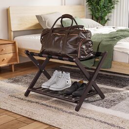 Fully assembled white luggage rack, upgraded bamboo, foldable suitcase stand with 5 nylon straps, luggage holder with shelf for guest rooms, hotel (white luggage rack, 1 piece) (Brown, 1 piece)