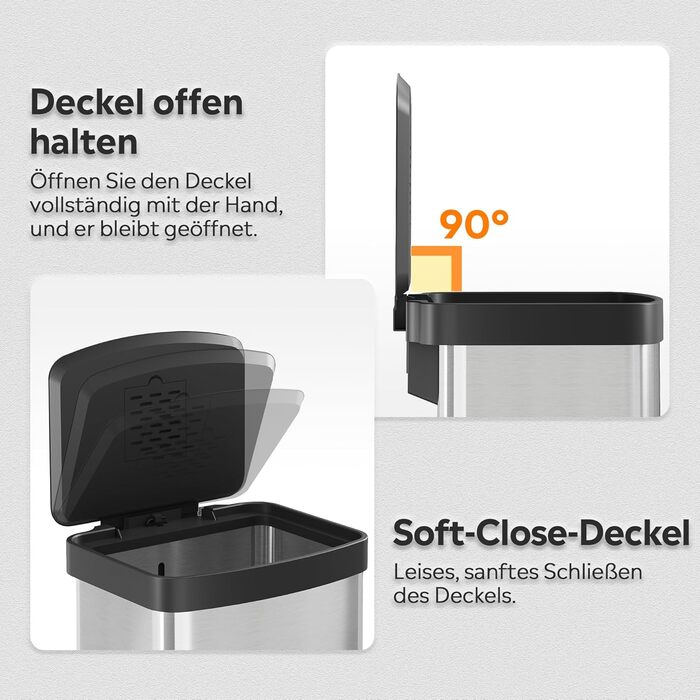 Відро для сміття WLIVE з нержавіючої сталі, 55L, з м'яким закриттям, для кухні, спальні, офісу, срібний