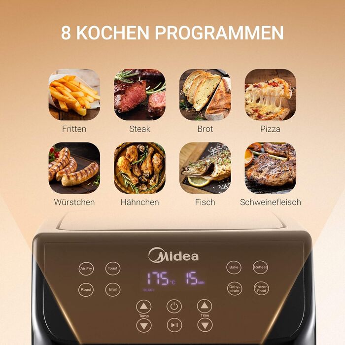 Аерофритюрниця Midea MF-TN40D2 XL 4 л, 1500 Вт, Dual Cyclone, 90% менше жиру, таймер 60 хв, контроль температури до 200°C, авто відключення, чорна