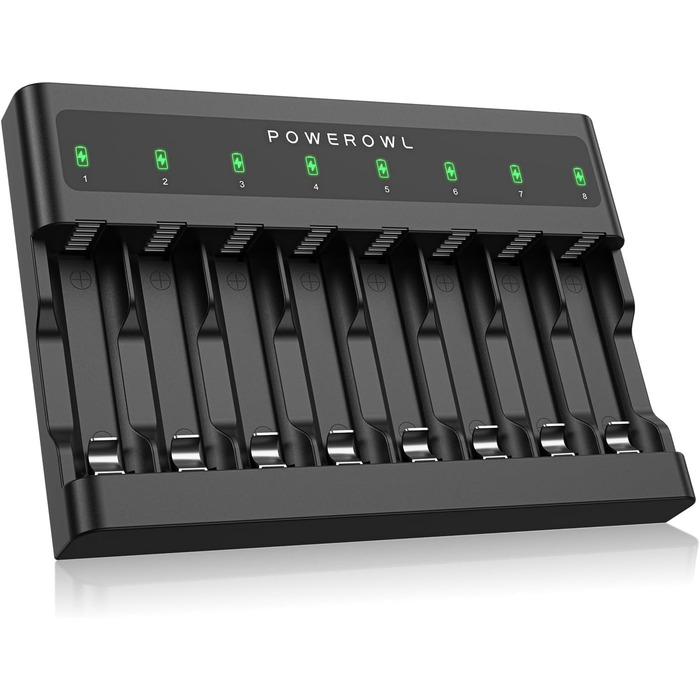 Зарядний пристрій PowerOWL на 8 батарейок, надтонкий, з незалежними слотами, USB-C зарядка для перезаряджуваних акумуляторів AA AAA