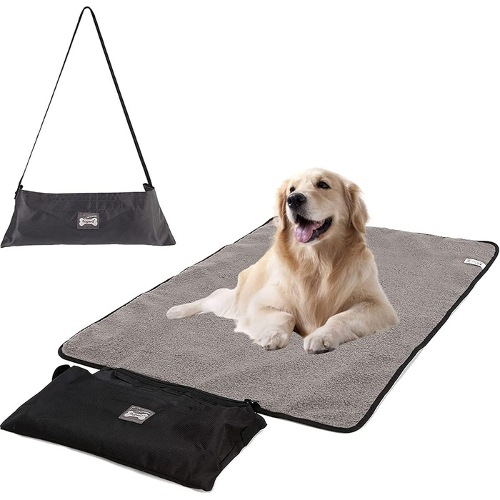 Водонепроникна килимок для собак, 100 x 70 см, з сумкою, для подорожей, чорний, пухнастий