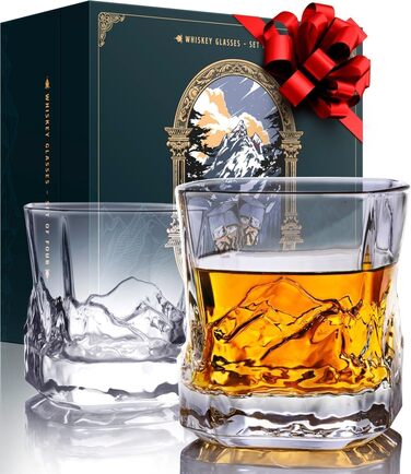 Набір склянок Everest Bourbon, 6 шт. у подарунковій коробці з тканиною, мотив: гори, стійкі до замерзання, 237 мл, вінтажні склянки для віскі, набір з 6 шт., подарунок для любителів віскі (червона подарункова коробка з тканиною, набір з 2)