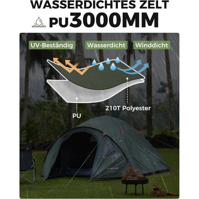 Намет KingCamp для 4 осіб з тамбуром, водонепроникний 3000 мм, зелений - кемпінговий намет-купол для відпочинку на природі
