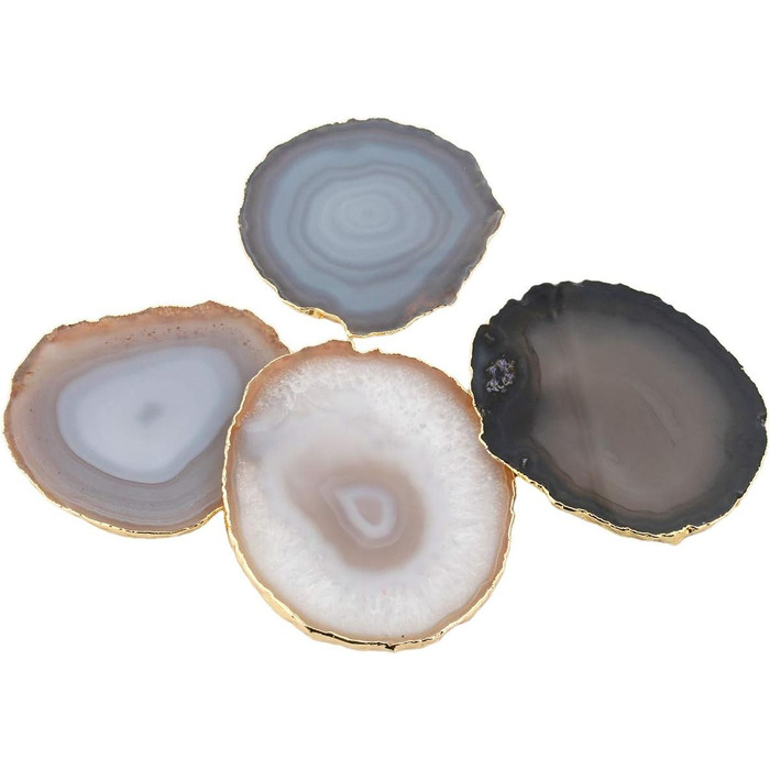 mookaitedecor Polished Natural Geode Agate Slices Coasters Set (2 Pieces), Decorative Stone Coasters for Glasses, Cups, Vases, Candles, Serving Plates, Name Cards for Wedding (Natural Color-Gold Accented Edge)