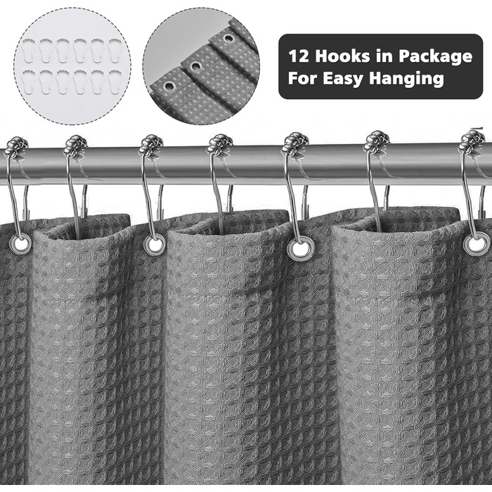 Штора для душу миюча текстильна поліестер 180x200 см, сіра, з кільцями (12 шт.) - Водонепроникна штора у ванну