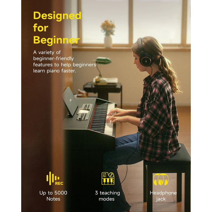 Цифрове піаніно Donner DDP-95 для початківців з 88 важними клавішами, підключення Bluetooth, LCD дисплеєм 11*5 см, 610 тембрів, 600 ритмів, 3 навчальні режими, чорний колір