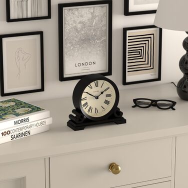 JONES CLOCKS® Saloon Table Clock | Traditional Double-Scroll Design | Black | Roman Numerals | Classic Style for Desk, Table, Shelf, or Nightstand.
