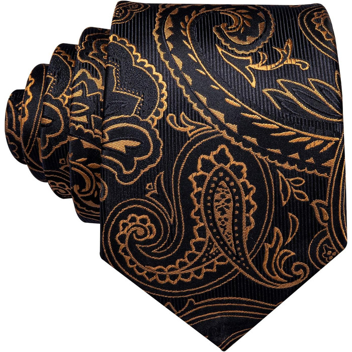 Набір краватки, кишенькового хустинки та запонок Barry.Wang: Шовкова краватка з квітковим візерунком Paisley, чорно-золота, для весілля та свят