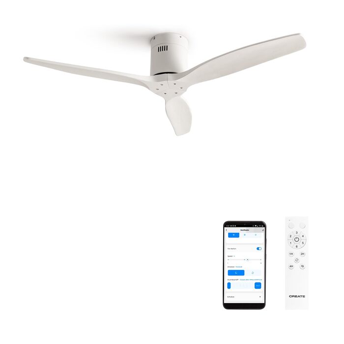 Вентилятор стельовий WINDCALM M з ABS корпусом, темне дерево (оптика), Wi-Fi, пульт, 40W, Ø132cm, 6 швидкостей, таймер, DC-двигун, літо/зима, без освітлення, білий