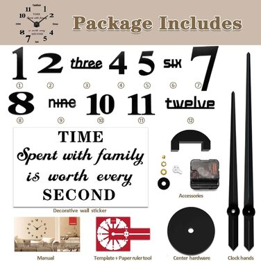 Vangold Modern Mute DIY Large Wall Clock 3D Sticker Home Office Decor Gift (Black)