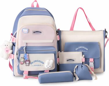 Набір шкільних рюкзаків IvyH 5-ти частинний: рюкзак для дівчинки, сумка для школи, рюкзак для підлітків, 3-7 клас, з пеналом та сумкою для покупок, 45 см, рожевий (8583# Синій)