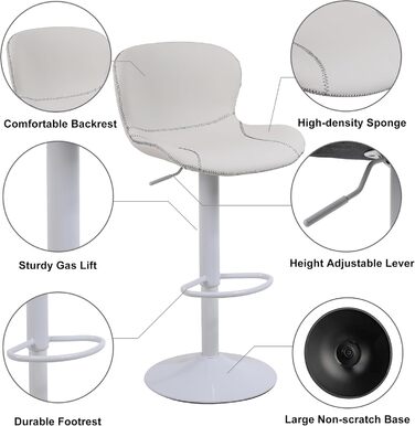 Барний стілець Youhauchair, регульована висота, PU-шкіра, водонепроникний, з підлокітником та підставкою для ніг, обертається, сучасний, білий (3 шт. в наборі)