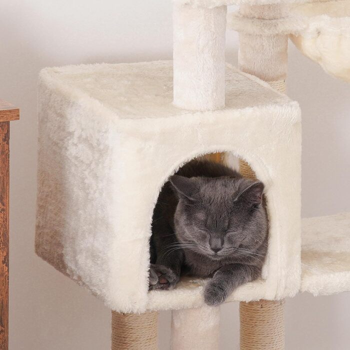 Котячий будиночок Hey-brother Kratzbaum з іграшками, платформою, гамаком та сизалевими стовпчиками для дряпання, EMPJ004SW-N (111 см, Бежевий)