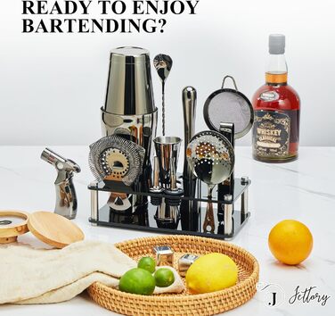 Набір шейкерів Boston - 16 предметів, нержавіюча сталь з акриловою основою, сито, щипці для льоду, барна ложка, мірний стакан, мадлер, виливний носик та шпажки для коктейлів (чорний)