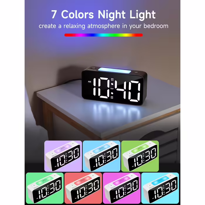 Loud Alarm Clock for Adults, Digital Clock with 7 Color Night Light, Adjustable Volume, Dimmer, USB Charger, Small Clocks for Bedrooms, Okay for Waking Up Kids, Teens (white)