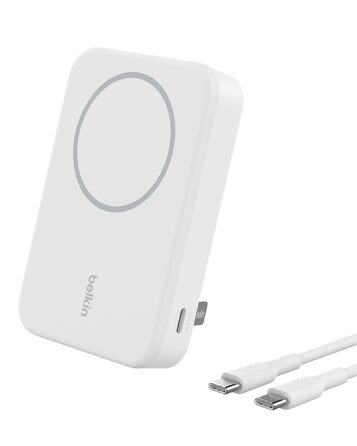 Бездротовий павербанк Belkin BoostCharge Pro 10000mAh з підтримкою Qi2 та MagSafe, портативний зарядний пристрій зі стійкою для iPhone 16, 15, 14, Pixel — Білий