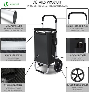 Складна господарська сумка-візок VOUNOT 50 л з алюмінію, водонепроникна з термовідділенням, великі колеса з бризковиками, чорна