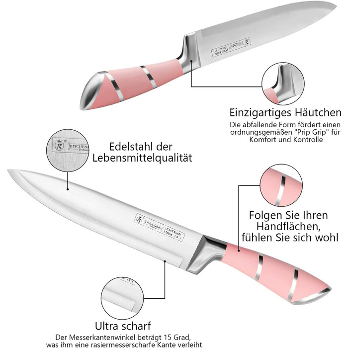 Набір кухонних ножів Justup 9шт з обертовим блоком, рожевий. Набір ножів з нержавіючої сталі з антипригарним покриттям, з точилкою для кухні.