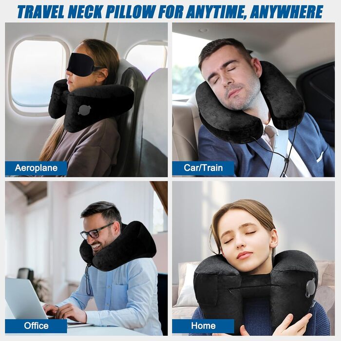 Подушка для шиї в літак, авто: надувна з капюшоном, для дорослих, Travel Pillow, чорна