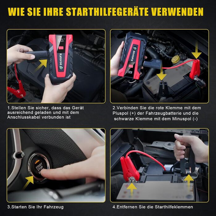 Powerbank Starthilfe 4000A: Зарядний пристрій для авто, SUV та мотоциклів з LED ліхтариком. Підходить для бензинових двигунів до 9.0L та дизельних до 7.0L