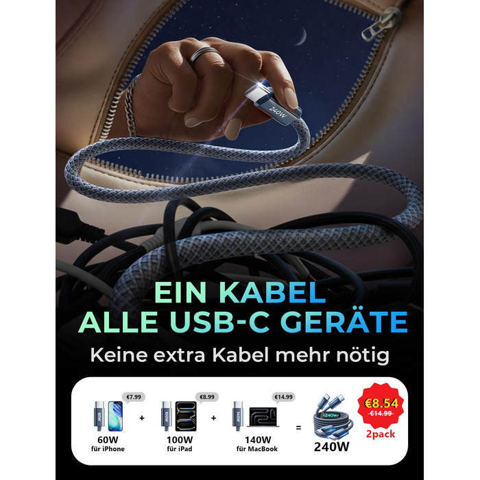 Кабель USB-C 2 шт. LISEN 240W, 2 метри, темно-синій. Сумісний з Samsung Galaxy S24 Ultra, MacBook Pro/Air, Galaxy S25/S23, iPhone 17/16/15 Pro, iPad Pro/Air