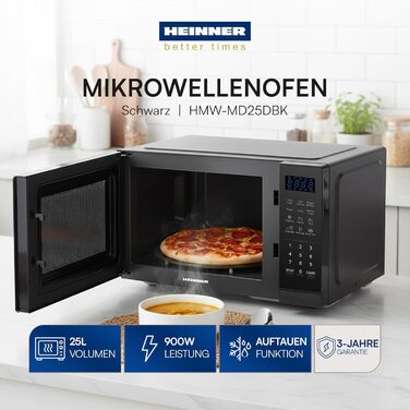Мікрохвильова піч HMW-MD25DMRBK, 25 л, 800 Вт, чорний колір, 5 рівнів потужності, таймер, функція розморожування, поворотний піднос 28,5 см, 3 роки гарантії
