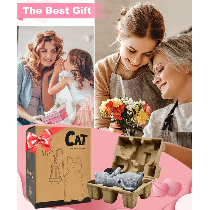 Yeomoo Cat Garden Statues for Outdoors with Solar Lantern – Funny Waterproof Solar Lamp Figure Garden Decor for Outdoors Balcony Terraces Gifts for Women Men Mom Birthday Fairy Garden Grey