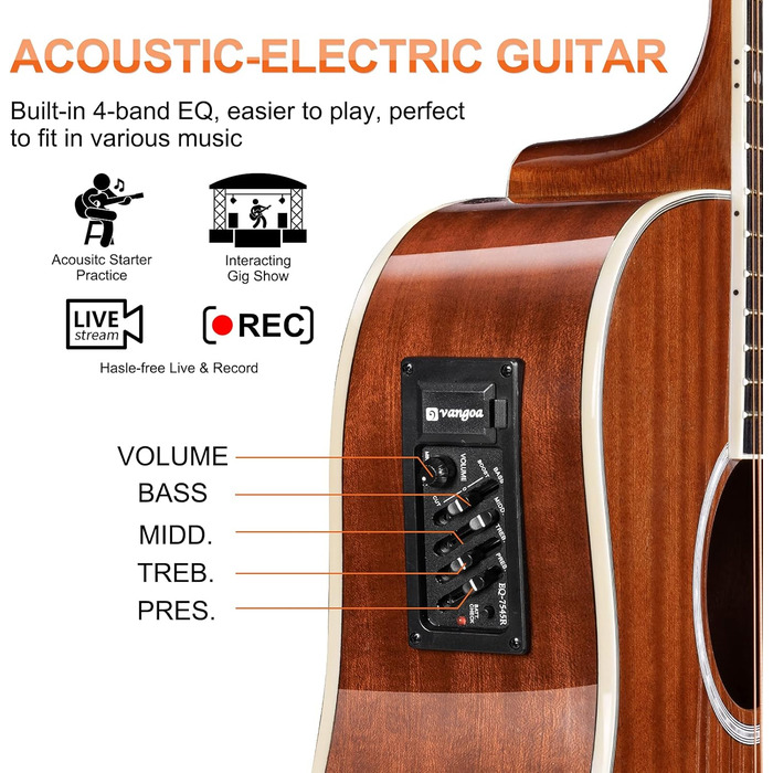 Електроакустична гітара Vangoa 12-струнна, 41 дюйм, коричнева, з підсилювачем та 4-х смуговим ЕQ