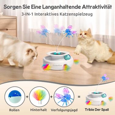GoldenSun Cat Toy, 3-in-1 Electric Interactive Automatic Toy for Cats, Whack-A-Mole, Fluttering Butterfly, Includes Ball, USB Rechargeable Cat Teaser with 6 Attachments