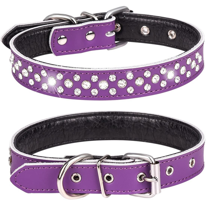 Нашийник для собак з стразами, регульований, блискучі кристали, натуральна шкіра, для маленьких та середніх собак (M, фіолетовий) M фіолетовий