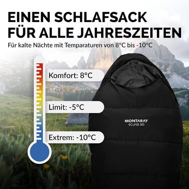 Спальний мішок Mumienschlafsack для 3-4 сезони, 8°C до -5°C, 300GSM, 80x220cm, для жінок та чоловіків, чорний