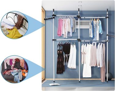 Telescopic Wardrobe System, Clothes Rail System, Shelf System, Clothes Rack with 3 Rails, 4 Crossbars and 2 Wide Hooks for Home and Retail Clothing Stores, 153-272x281-329cm