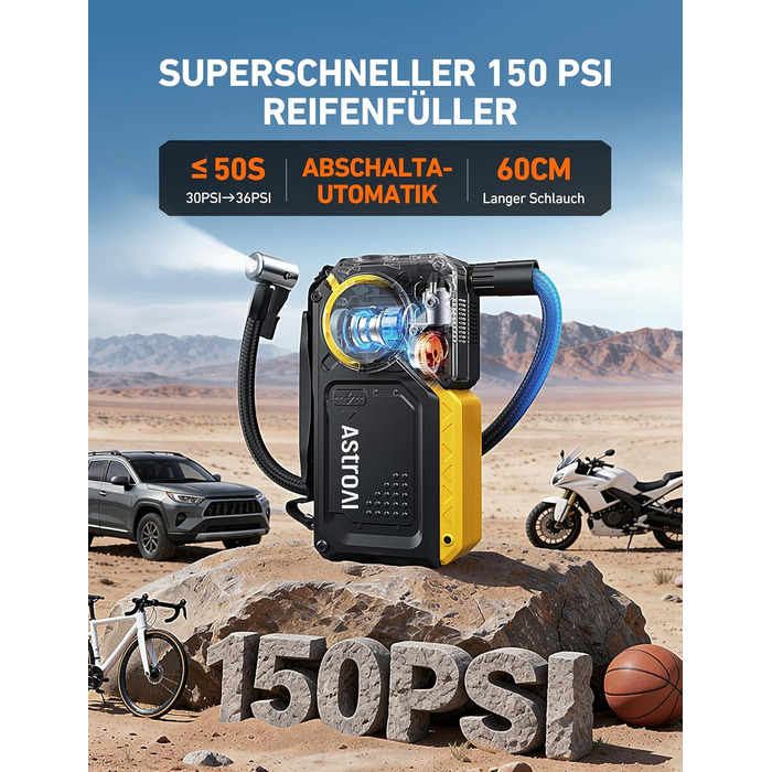 AstroAI Пусковий пристрій для авто з компресором 150PSI, 8000A, для бензину/12L дизеля. Powerbank з входами/виходами, повний комплект (Жовтий)