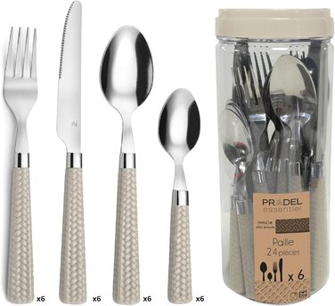 Amefa PAILLE Cutlery Set, 6 People | Dinner Cutlery, 24-Piece | Light-Colored Handles with Woven Design | Cutlery Set 18/0 Stainless Steel | Dishwasher-Safe Cutlery Set | 6 each of Fork, Knife, Spoon & Teaspoon