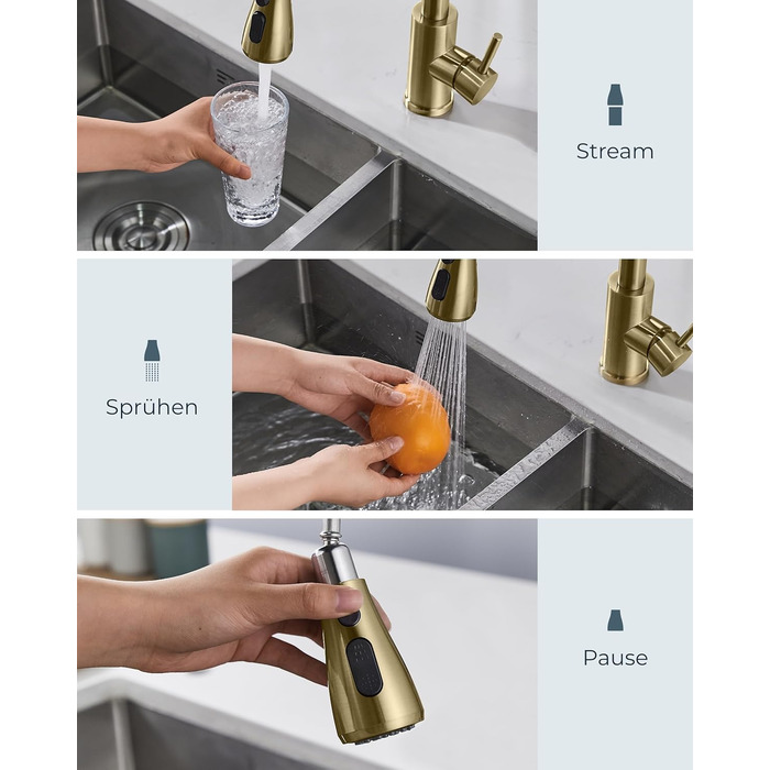 Кран кухонний FORIOUS з висувною лійкою, 360° обертання, 2 режими, шліфоване золото