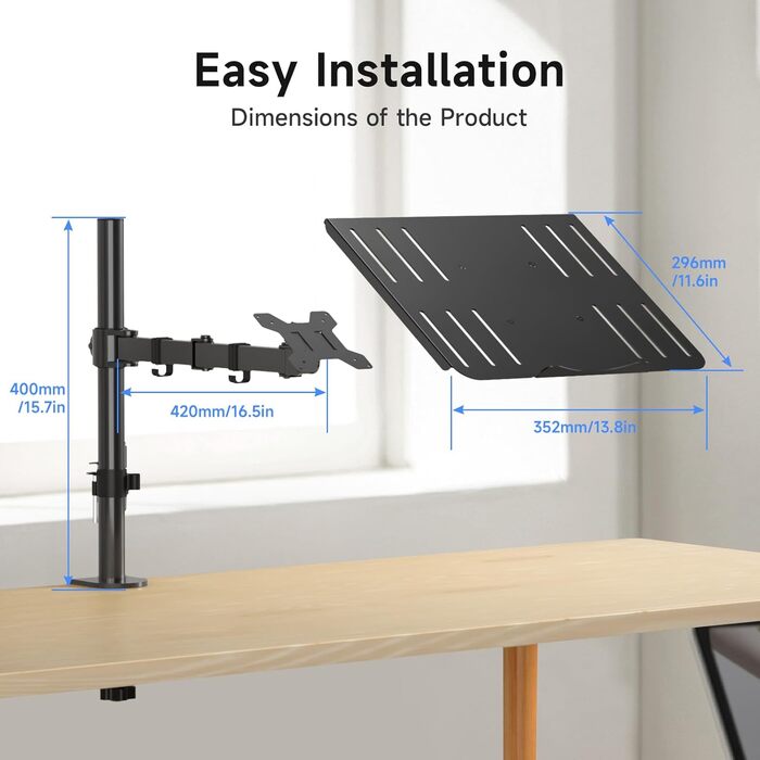 Suptek Adjustable Monitor Arm with Laptop Holder - Full Range Motion for 13-27 inch Screens (40cm Pole)