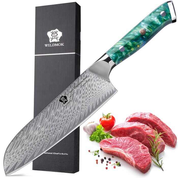 Японський кухонний ніж Santoku WILDMOK 17 см, сталь VG10 Дамаск, зелена рукоятка, професійний ніж для кухні