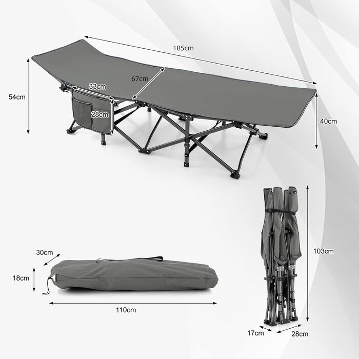 Складне кемпінгове ліжко GYMAX 185x67x54 см, сіре. Легке, портативне, з кишенею, до 270 кг, Oxford-тканина.