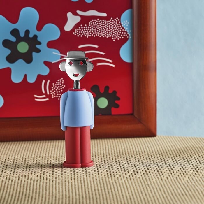 Alessi AM23 LAZR Corkscrew made of thermoplastic resin, light blue and red, and chrome-plated Zamak