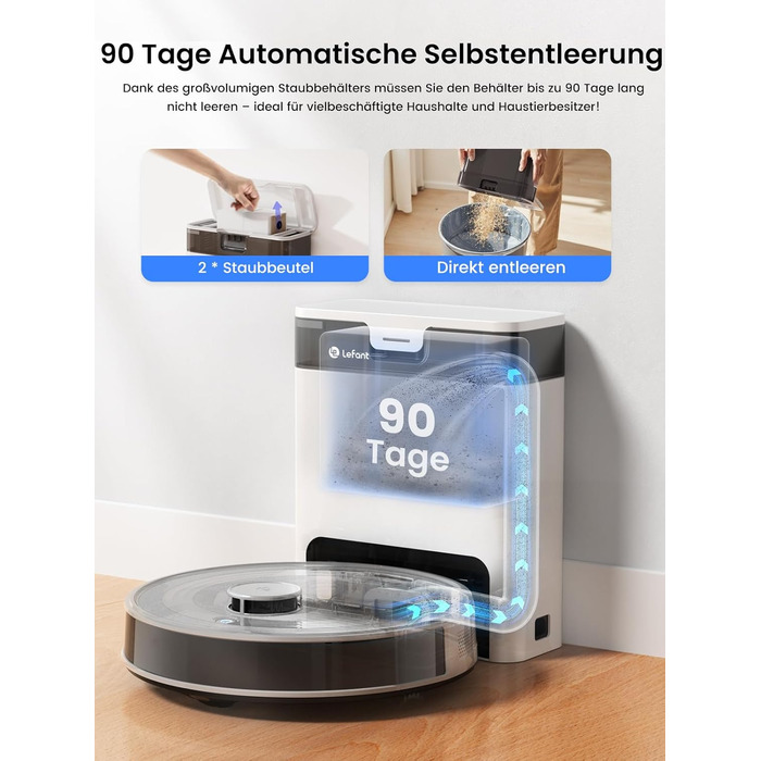 Робот-пилосос LEFANT M2 Pro з автоматичною системою викачування пилу, лазерною навігацією та картографією, індивідуальним налаштуванням, уникненням перешкод, ідеальний для видалення шерсті тварин. Білий/Сірий