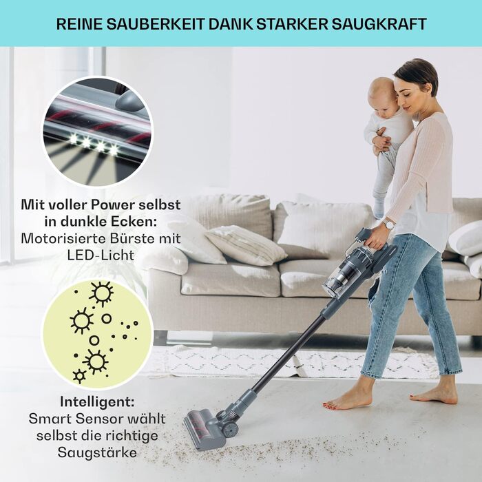 Бездротовий акумуляторний пилосос Klarstein без мішка з 4-ступеневим фільтром E12 EPA, для шерсті тварин, килима та твердих підлог, вертикальний пилосос без мішка з насадкою для підлоги 180° (сірий)