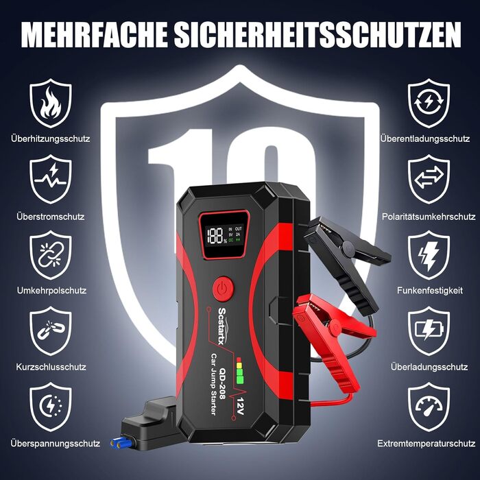 Powerbank для авто Starthilfe 2000A, 12V, з LCD екраном та LED ліхтариком, для бензинових та дизельних двигунів (до 7L/4L)