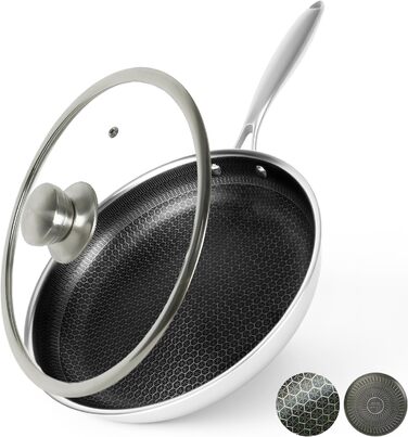 Сковорода з антипригарним покриттям 24 см з кришкою, нержавіюча сталь, безпечна для здоров'я, сумісна з усіма плитами, посуд без PFOA, срібна