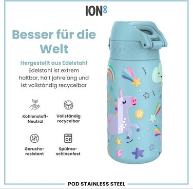 ion8 Insulated Stainless Steel Drinking Bottle 320 ml Leak-Proof One-Handed Opening Secure Locking Dishwasher Safe Flip-Top Lid Carrying Handle Easy to Clean, Durable, Unicorn (Evo, Steel, Alaskan Blue)