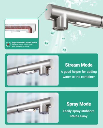 Кухонний змішувач Dayone з висувною лійкою, нержавіюча сталь SUS304, високий тиск, 2 функції, поворотна лійка 360°, L-подібна форма, G6808bn