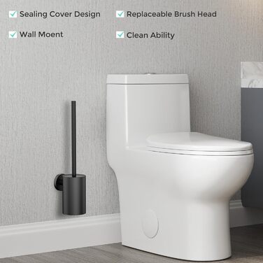 Щітка для унітазу WAVEWO з кріпленням на стіну, силіконова щітка та тримач, квадратна щітка з нержавіючої сталі 304, включає 2 насадки (круглі чорні)